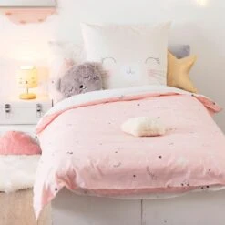 Housse De Couette Et Une Taie Enfant Coton (140 Cm) Chat Rose