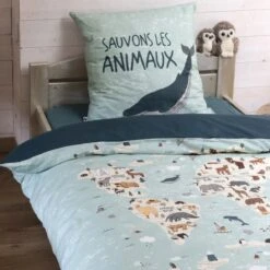 Housse De Couette Et Une Taie Enfant Coton (140 Cm) Map Bleue